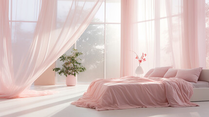 Jasne  wnętrze pokoju sypialnie z łóżkiem i różowymi firanami i  - obrazy, fototapety, plakaty