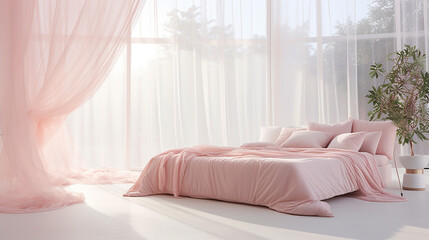 Jasne wnętrze pokoju sypialnia z łóżkiem i różowymi firanami  - obrazy, fototapety, plakaty