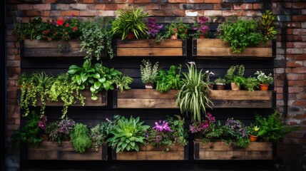 Fototapeta na wymiar Eco-friendly Vertical Garden Using Recycled Pallets and Hanging Plants. Generative ai