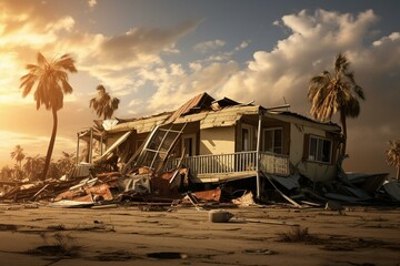 Devastated house in Florida mobile home area due to Hurricane Ian. Aftermath of a catastrophic storm. Generative AI