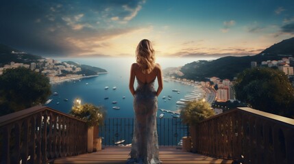 Fototapeta premium Successful Woman Admiring Panoramic View from Luxury Balcony. Generative ai
