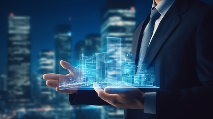 Businessman Interacting with Blue Hologram of Modern Building Design. Generative ai