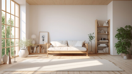 modern cozy minimal living room interior with fluffy sofa and bookshelve.