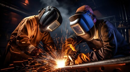 Skilled Welders at Work: Joining Metal in an Industrial Plant. Generative ai