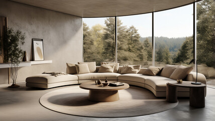 Fototapeta premium modern cozy minimal living room interior with fluffy sofa and bookshelve.