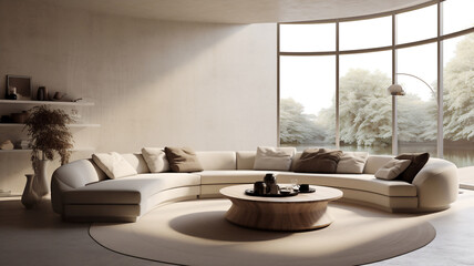 modern cozy minimal living room interior with fluffy sofa and bookshelve.