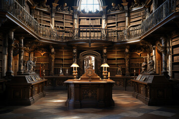 A preserved ancient library with shelves of scrolls and manuscripts. Generative Ai.