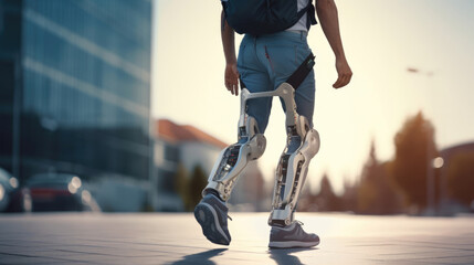 Obraz premium A robotic exoskeleton assisting a person with mobility challenges in walking