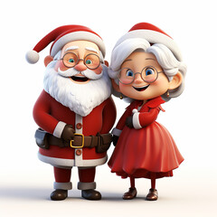 A cute Santa and Mrs. Claus 3D cartoon, white background, Christmas