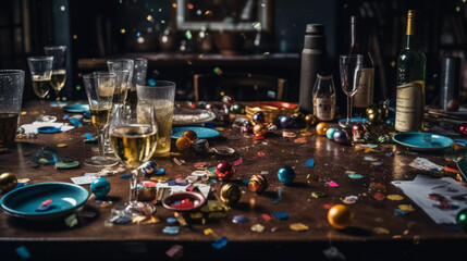Party Afterparty Neujahr Silvester Jahreswechsel Tag danach Tisch Chaos Dreck Glas Konfetti Unordnung 2024 KI Generated - obrazy, fototapety, plakaty