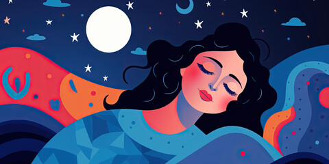 Sleeping woman under the night sky with full moon and stars