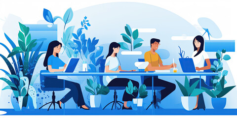 People attending a meeting at work, blue office environment