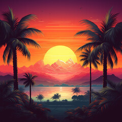 neon mountains with palm trees and a retro sun