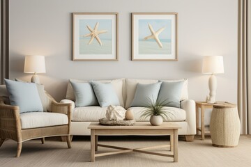 Coastal-themed living room with a mockup frame on the wall, featuring marine-inspired decor. Generative AI
