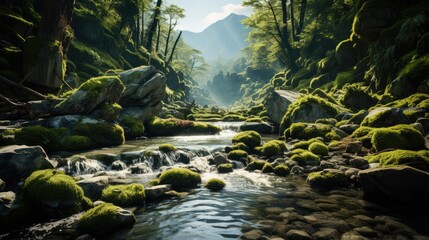Beautiful view of waterfall in forest with rocky mountains on bright background