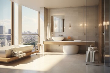 Fototapeta na wymiar Modern bathroom with tiled surfaces, contemporary fixtures and furnishings. Generative AI