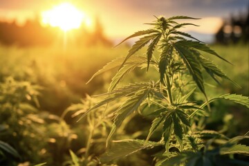 Marijuana Cannabis Leaf on Field. Wild Plant of Cannabis Sativa on Ganja Farm. Plantation of Medical Hemp for Legal or Illegal Drugs
