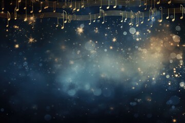 Midnight Concert: Christmas Music Background with Dark Blue and Gold Notes - obrazy, fototapety, plakaty