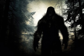 Mysterious Bigfoot Creature Walking Through Scary Forest. Dark Horror Fantasy of Grunge Textured Ape Silhouetted Against Trees in Landscape
