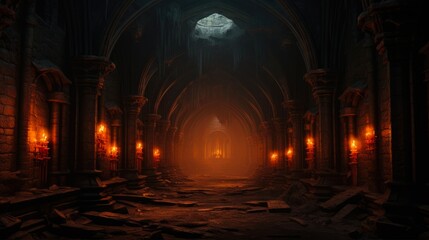Mystical Nightmare in Abandoned Catacombs with Torches. Creepy Mediaeval Architecture in 3D Rendering Of an Ancient Church Background - obrazy, fototapety, plakaty
