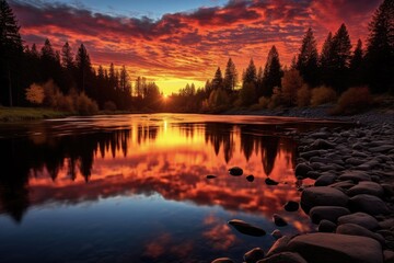 Peaceful Fall Reflections of Spokane River at Nine Mile Reservoir - A Lazy Flowing River of Red, Yellow, and Colorful Beauty at Sunset - obrazy, fototapety, plakaty