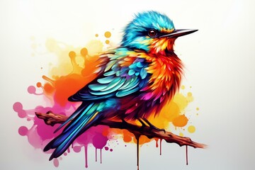 Artistic illustration of small bird with colorful plumage on plain background. Generative AI