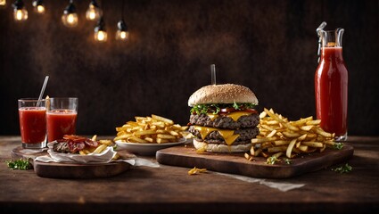 delicious triple meat burger with bacon and yellow cheese, accompanied by a glass of juice and fries