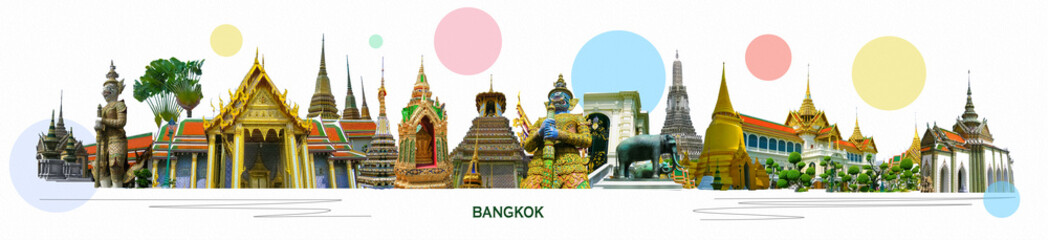 Collage of landmarks of Bangkok, Thailand. The Royal Palace palace of the king of Thailand at Bangkok.