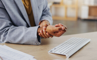 Hands of business man with problem, carpal tunnel syndrome or sore wrist from keyboard typing, office work or corporate project. Arthritis risk, medical crisis and hurt male worker with injury pain