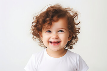 Naklejka premium a child with curly hair wearing a white t-shirt on a white background
