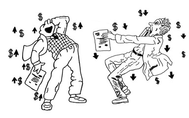 Two competing businessman holds company shares in his hands.