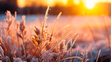 Frozen dew adorning wild grass at sunrise