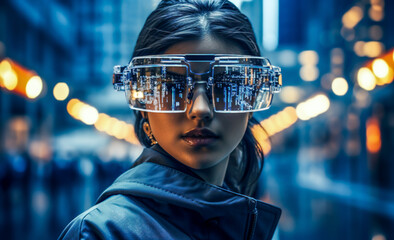 Smart glasses and augmented reality concept. Woman wearing modern spectacles with futuristic screen. Virtual technology. Close up of eye surrounded by business statistics and analytics. Future vision. - obrazy, fototapety, plakaty