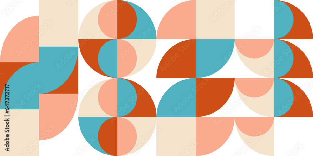 Poster Geometric abstract vector seamless pattern with circles, rectangles and squares in retro Bauhaus style. Pastel colored simple shapes graphic background.
