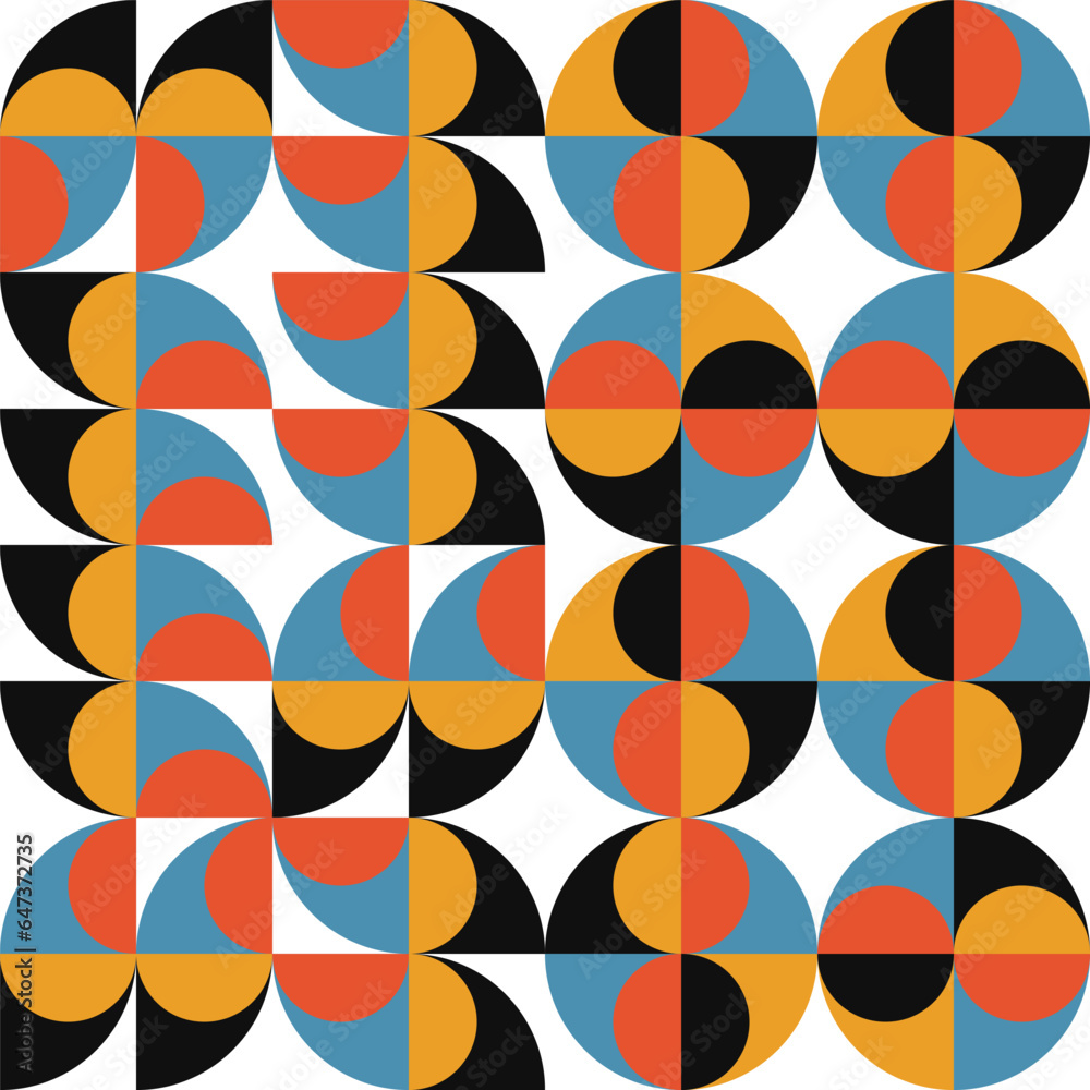 Poster Geometric abstract vector seamless pattern with circles, rectangles and squares in retro Bauhaus style. Pastel colored simple shapes graphic background.