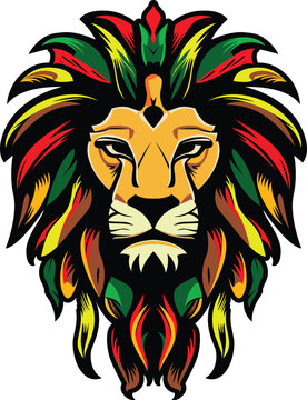 Rastafarian reggae lion head vector illustration, Rastafari, Rastafarians lion or Rast leo head green red yellow colored stock vector image