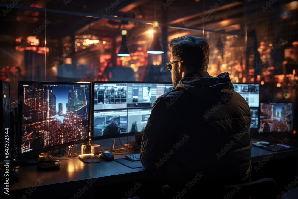 Poster a cybersecurity expert monitoring network traffic to detect ai-generated threats. generative ai.