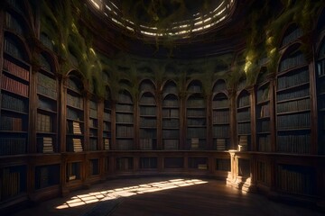 Obraz premium an ancient, overgrown library in a hidden forest - AI Generative