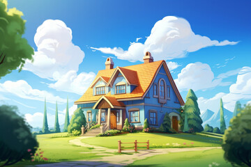 Home sweet cottage cartoon illustration of a beautiful house in a garden. Fairy tale concept