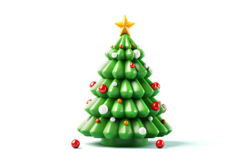 Fototapeta premium 3d Xmas decoration New Year tree with golden star and red ball ornaments on white background. Christmas holiday concept