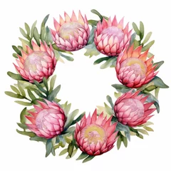 Behang Pink watercolour protea flower wreath circle round garland decoration on white background. Floral blossom holiday concept © Cherstva