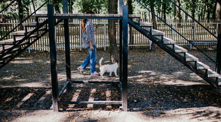 A young female walks and trains her dogs Jack Russell terriers in a specially equipped dog walking area.