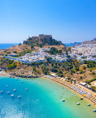 Panoramic view of Lindos village and Acropolis, Rhodes, Greece - 647373571