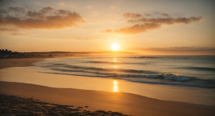 Fototapeta na wymiar Sunrise over the Sunrise over the tranquil beach. (Productive AI)