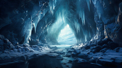 Icicle teeth of a winter cave mouth - obrazy, fototapety, plakaty