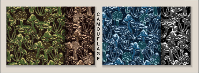Set of camouflage patterns with fantasy mushrooms. Dark textured background behind. Good for apparel, clothing, fabric, textile, sport goods.