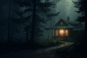 A foggy night scene of a cabin surrounded by trees in the woods with a light on its door and window in one corner of the house. Generative AI