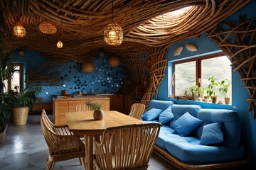 Rustic living room, bamboo ceiling, blue eco design, sustainable parquet, dining set. Concept for recyclable architecture. Generative AI