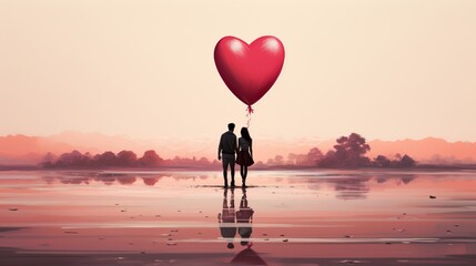 A couple in love walks with heart-shaped balloons in the sky. Concept: Valentine's day, lovers on a date
