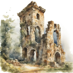 Fototapeta na wymiar Old Stone Ruin Arch - Watercolor Painting Drawing - Generative AI